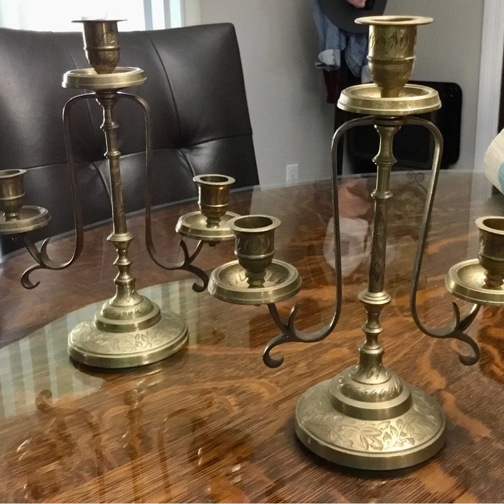 Antique Solid Brass 3-Arm Candelabra Pair from India